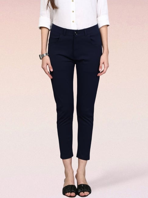 FITHUB Navy Slim Fit High Rise Trousers