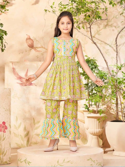 Aarika Kids Mehendi Green Cotton Printed Kurti & Sharara-picture-31