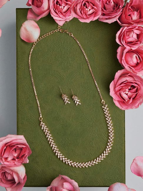 Zaveri Pearls Rose Gold Dazzling Cubic Zirconia Contemporary Brass Necklace & Earring Set-ZPFK18332-picture-18