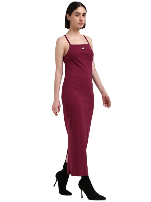 Tommy Hilfiger Wine Cotton Ribbed Women Strappy Bodycon Dress