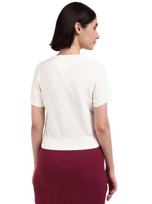 Tommy Hilfiger Off White Cotton Solid Women Sweater