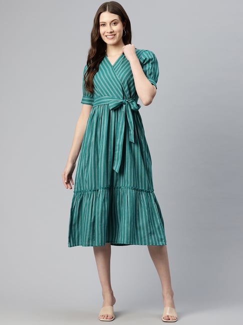 Cottinfab Green & White Cotton Striped Midi Dress-picture-10