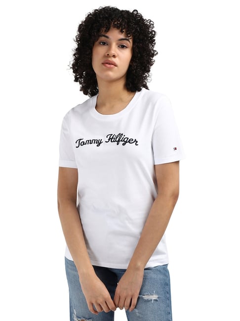 Tommy Hilfiger White Jersey Embroidered Women Regular Fit T-Shirt