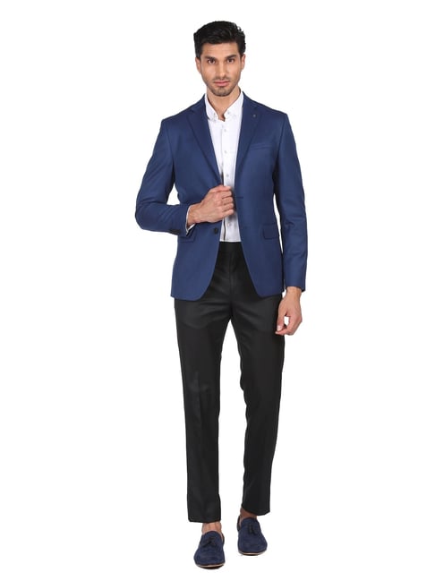 Arrow Navy & Black Regular Fit Self Pattern Two Piece Suits