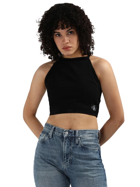 Calvin Klein Washed Black Cotton Women's Slim Fit Top