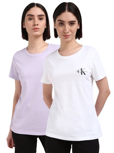 Calvin Klein Pastel Lilac Bright White Cotton Women's Slim Fit