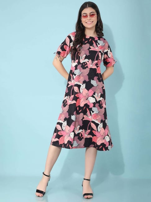 Crimsoune Club Black Pink Floral Print A-Line Dress