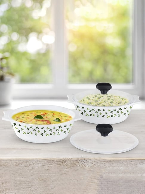 Larah by Borosil Green Opalware Casserole Set with Lids - Set of 2
