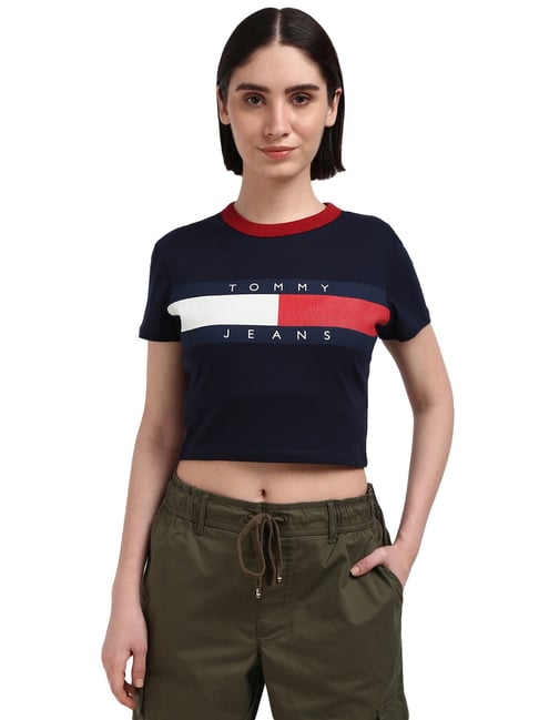 Tommy Hilfiger Navy Blue Cotton Printed Women T Shirt