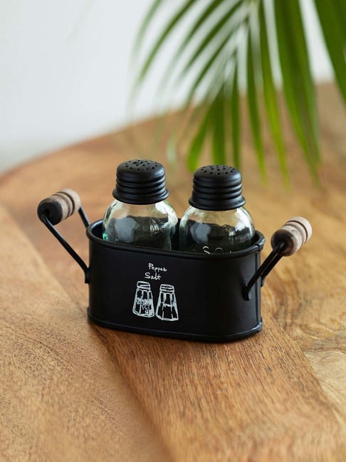 ExclusiveLane Transparent & Black Glass Mason Bottle Salt & Pepper Shakers Set