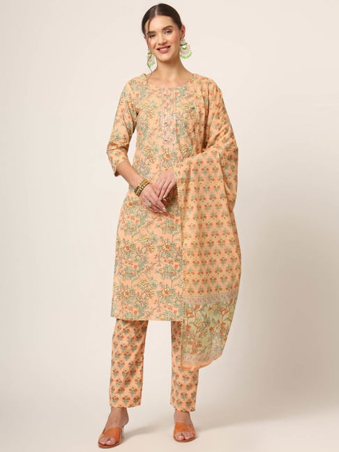 Divena Orange Printed Kurta with Pant & Dupatta