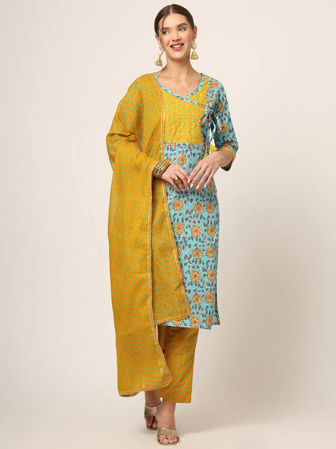 Divena Blue & Mustard Printed Kurta with Pant & Dupatta