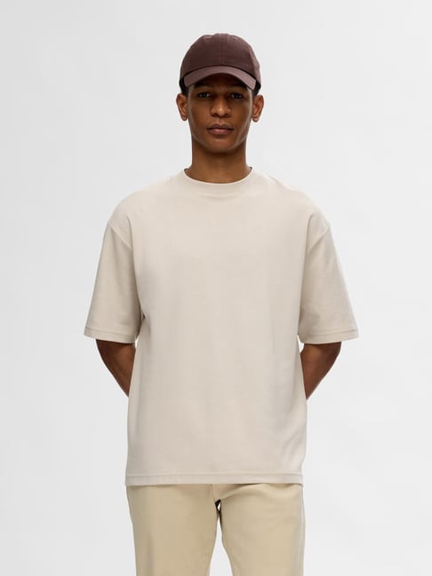 SELECTED HOMME Beige Relaxed Fit Oversized Crew T-Shirt