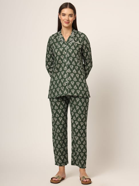 Divena Dark Green Printed Top With Pyjamas