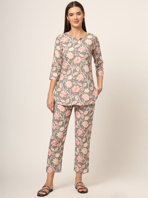 Divena Grey Printed Top With Pyjamas