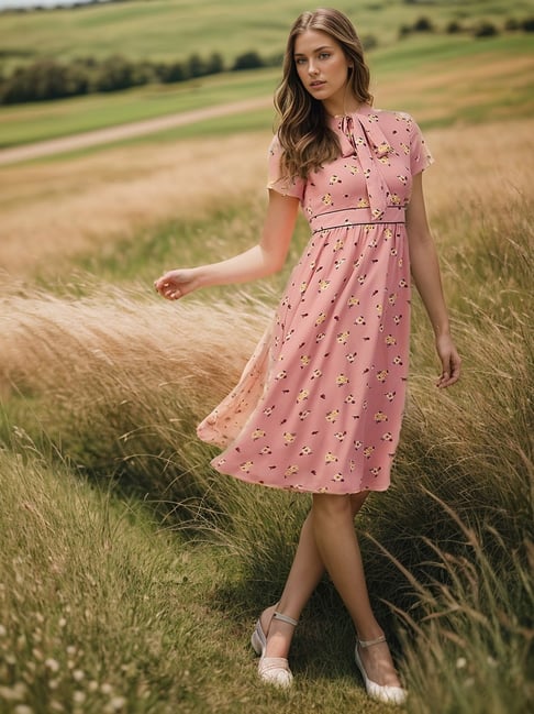 Rare Dusty Pink Floral Print A Line Dress