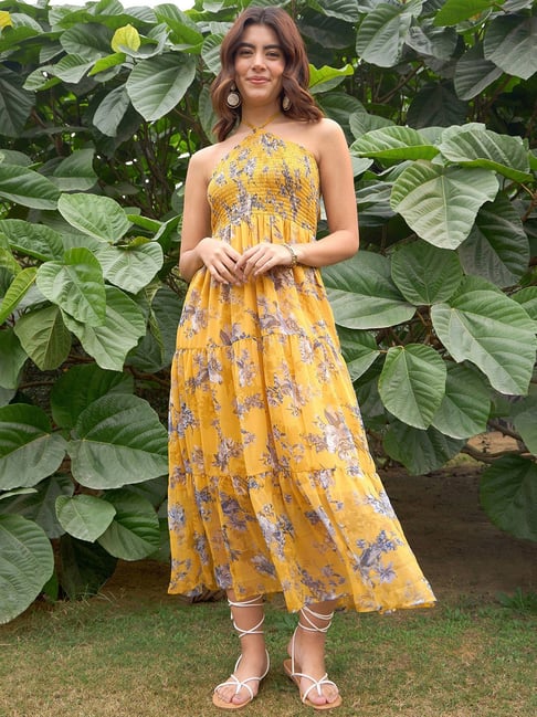 Rare Yellow Floral Print Midi Dress