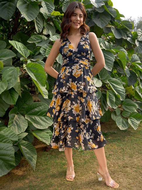 Rare Black Floral Print Midi Dress