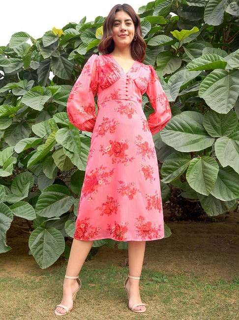 ladies pink midi dress Pink Floral Print Midi Dress With Sweetheart Neckline