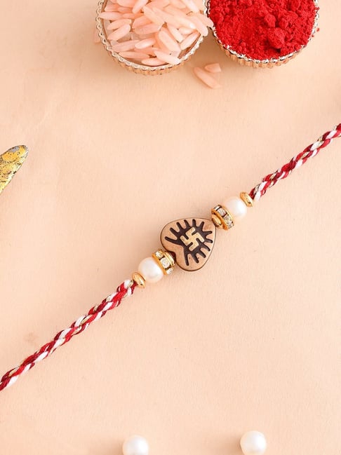 Aapno Rajasthan Brown Heart Shape Mauli Rakhi with Swastik Motif-picture-15