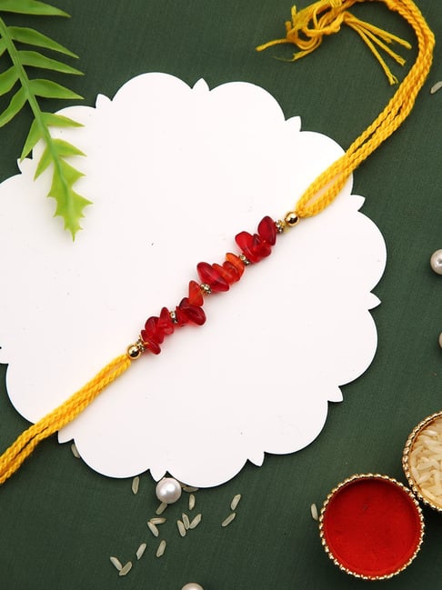 Aapno Rajasthan Red Stones & Yellow Multistand Thread Rakhi-picture-30
