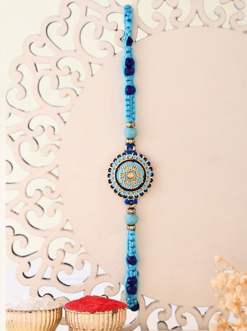 Aapno Rajasthan Gold Floral Blue Enameled Single Rakhi-picture-31
