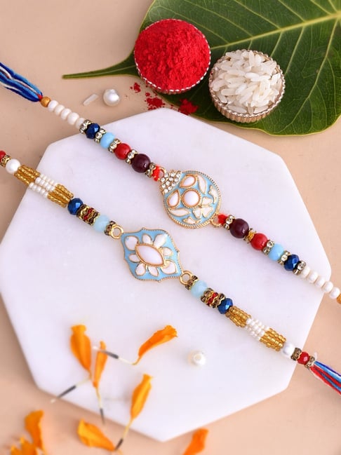 Aapno Rajasthan Set of 2 White & Blue Eanameled Multi Beaded Rakhi-picture-20