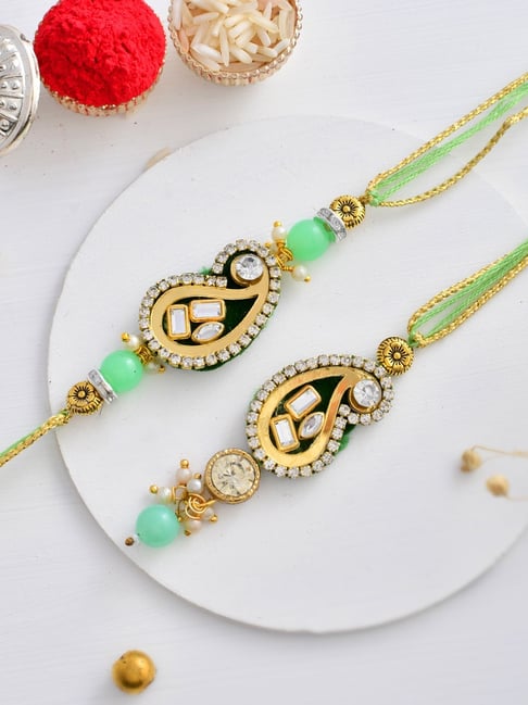 Aapno Rajasthan Beautiful Scarlet Green Kundan & Beads Crafted Bhaiya Bhabhi Rakhi Set-picture-11