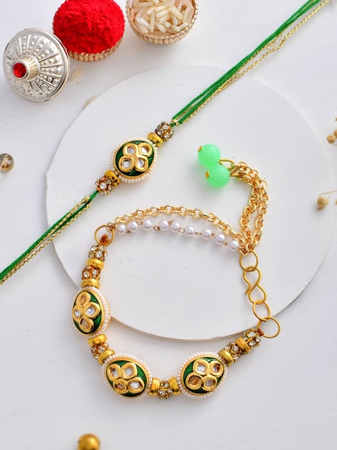 Aapno Rajasthan Traditional Kundan Crafted Emerald Bracelet with Bhaiya Rakhi-picture-13