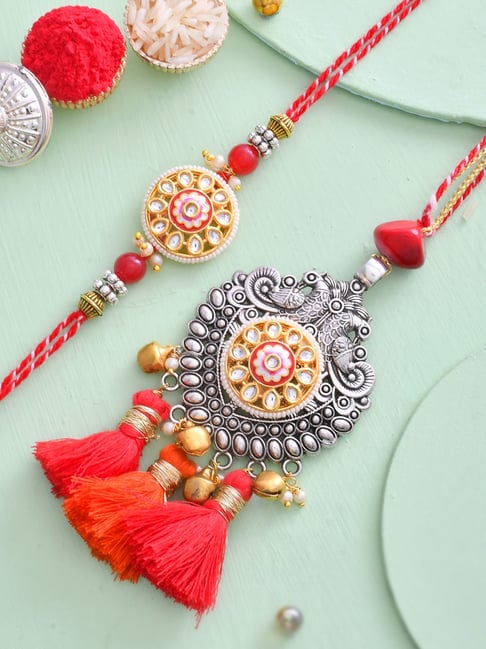Aapno Rajasthan Oxidised Silver Carved with Beautiful Red Resham Bhaiya Bhabhi Rakhi Set-picture-16
