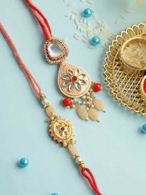 Aapno Rajasthan Cream Flower Kundan Bhaiya Bhabhi Rakhi-picture-38