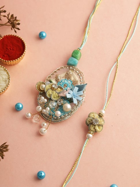 Aapno Rajasthan Multicolor Floral Beaad Work Bhaiya Bhabhi Rakhi-picture-28