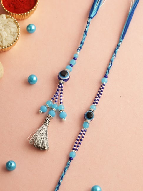 Aapno Rajasthan White and Blue Beaded Bhaiya Bhabhi Rakhi-picture-42