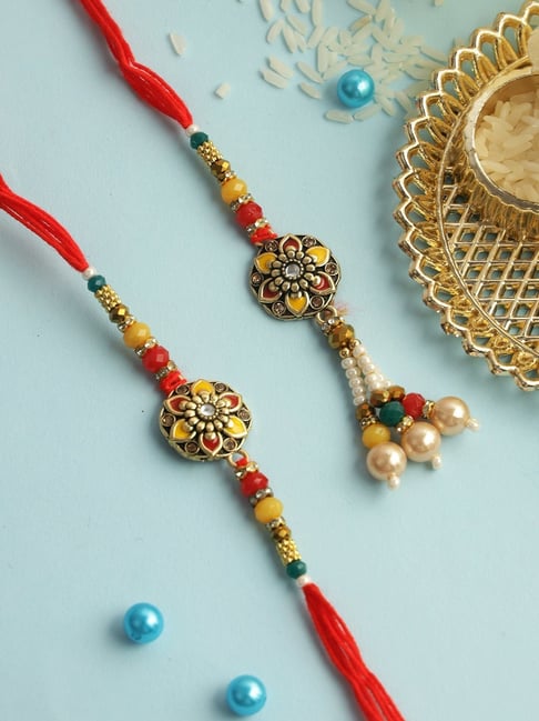 Aapno Rajasthan Red & Yellow Floral Bhaiya Bhabhi Rakhi-picture-44