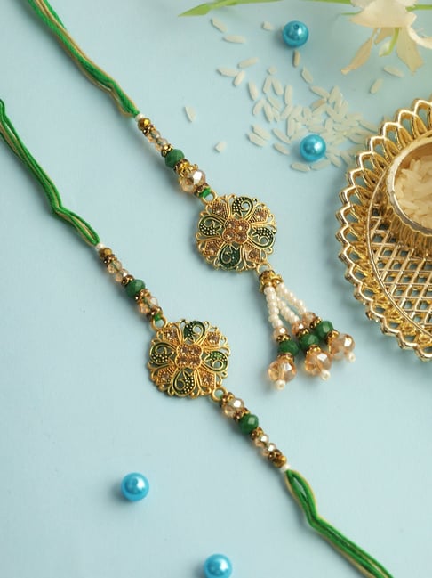Aapno Rajasthan Emerald Green and Gold Bhaiya Bhabhi Rakhi Set-picture-30