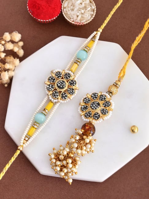 Aapno Rajasthan Black Floral White Pearl Beaded Bhaiya Bhabhi Rakhi-picture-46