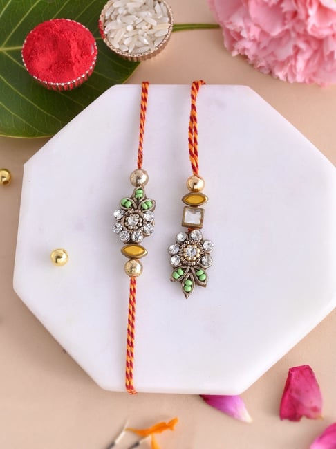 Aapno Rajasthan White Kundan Floral Green & Yellow Bhaiya Bhabhi Rakhi-picture-28