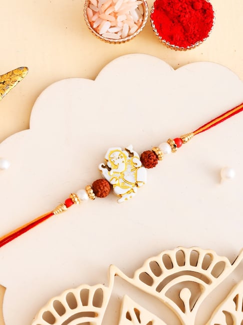Aapno Rajasthan White & Golden Beads Ganesh Motif Rakhi-picture-45