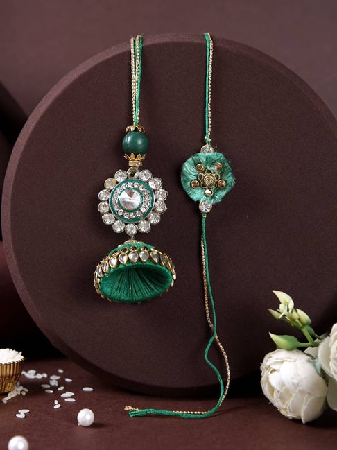 Aapno Rajasthan Auspicious Golden Flower with Green Dome Shaped Lumba Bhaiya Bhabhi Rakhi Set-picture-14