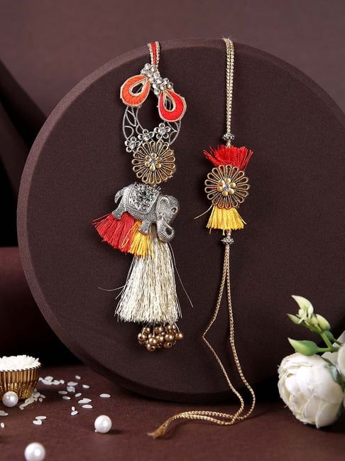 Aapno Rajasthan Golden Thread Work Bhaiya Bhabhi Rakhi Set with Stone Studded-picture-29