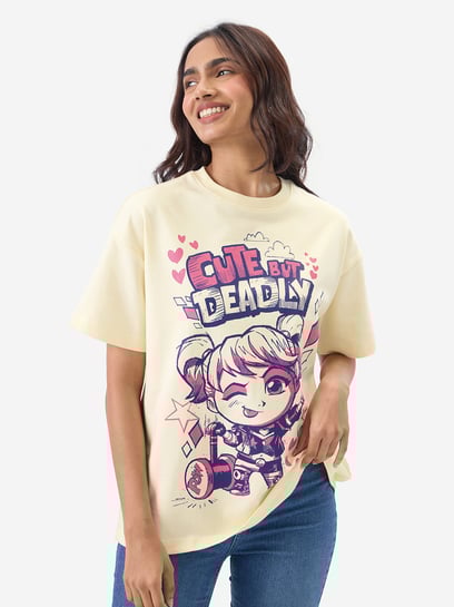 The Souled Store Cream & Pink Cotton Graphic Print Oversized The Souled Store Cream & Pink Cotton Graphic Print Oversized