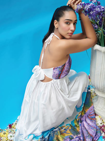 sachin and babi light blue dress Yellow Ruffle Frill Hem Plunge Halterneck Mini Dress Going Out Outfit –  Styledup.co.uk main image 1