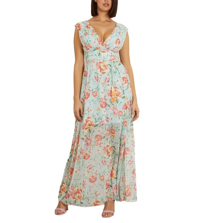 Guess Women's Green Polyester Floral Print Regular Fit Sleeveless Dress