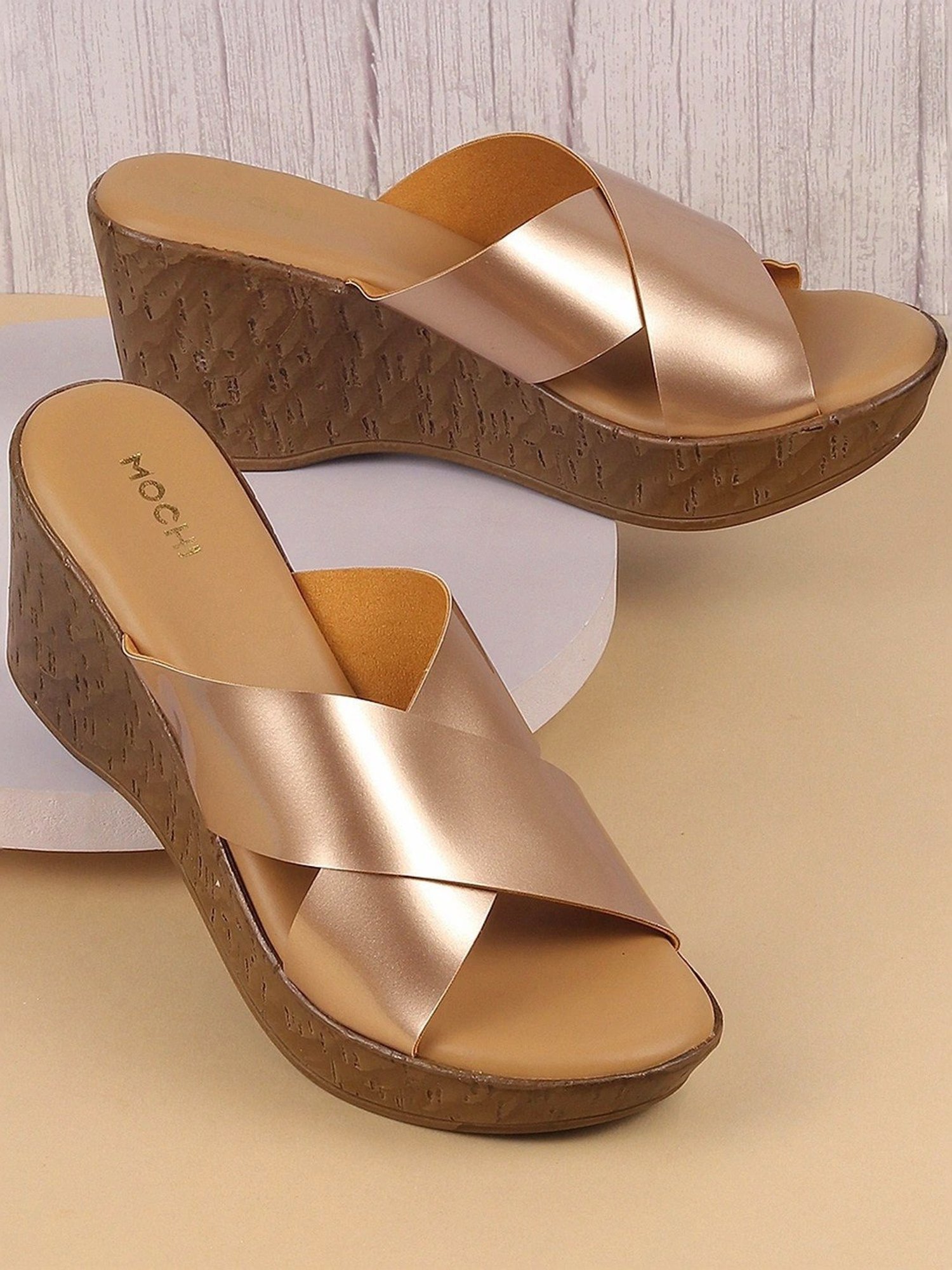 Buy Mochi Women's Chikoo Gold Cross Strap Wedges for Women at Best