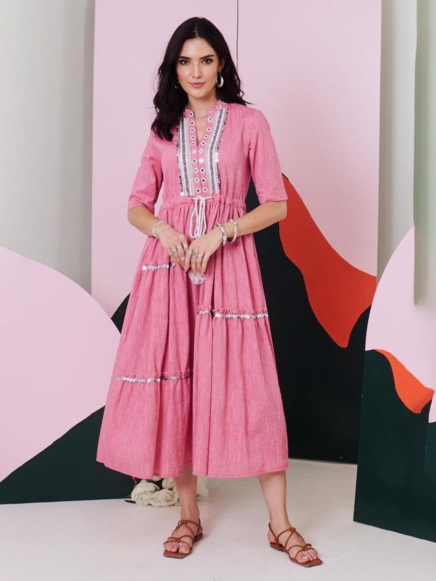 Buy Leela Mirror Embroidered Midi Dress with Lace Detailing for