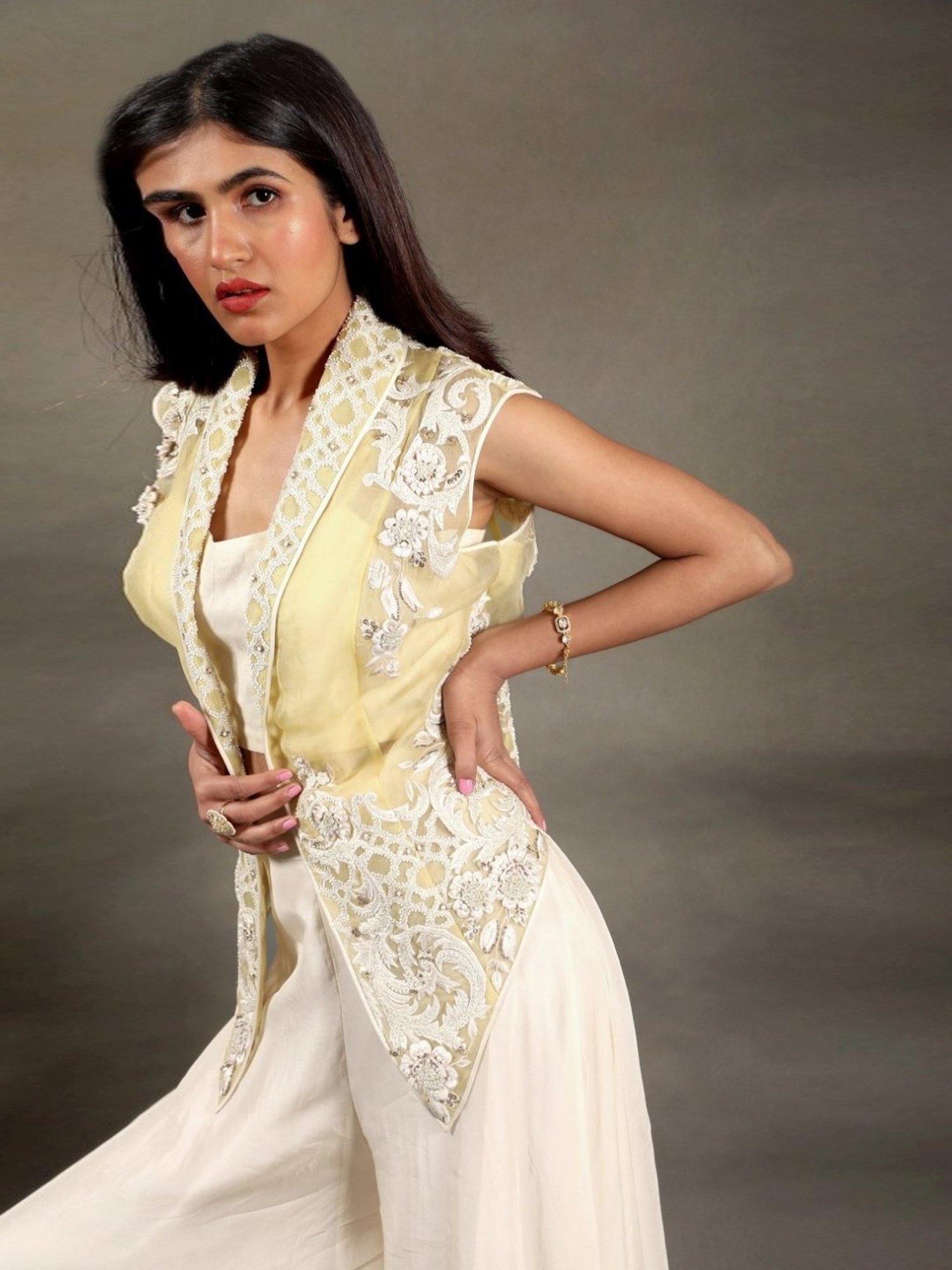 Buy Ivory & Lemon Saanjh Pearl Jacket with Bustier and Palazzo for