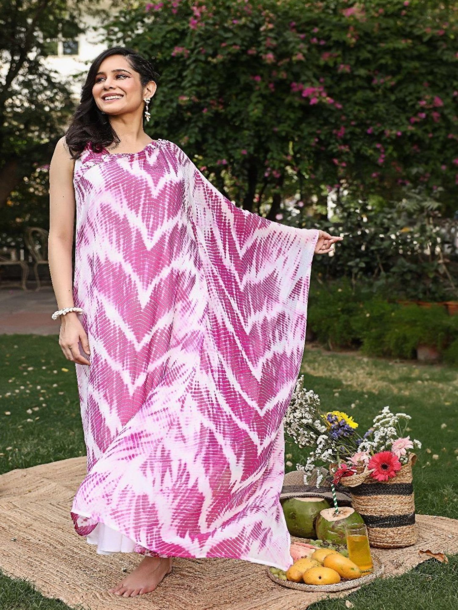 Thread and Button Spring Pink One Sided Kaftan with Camisole