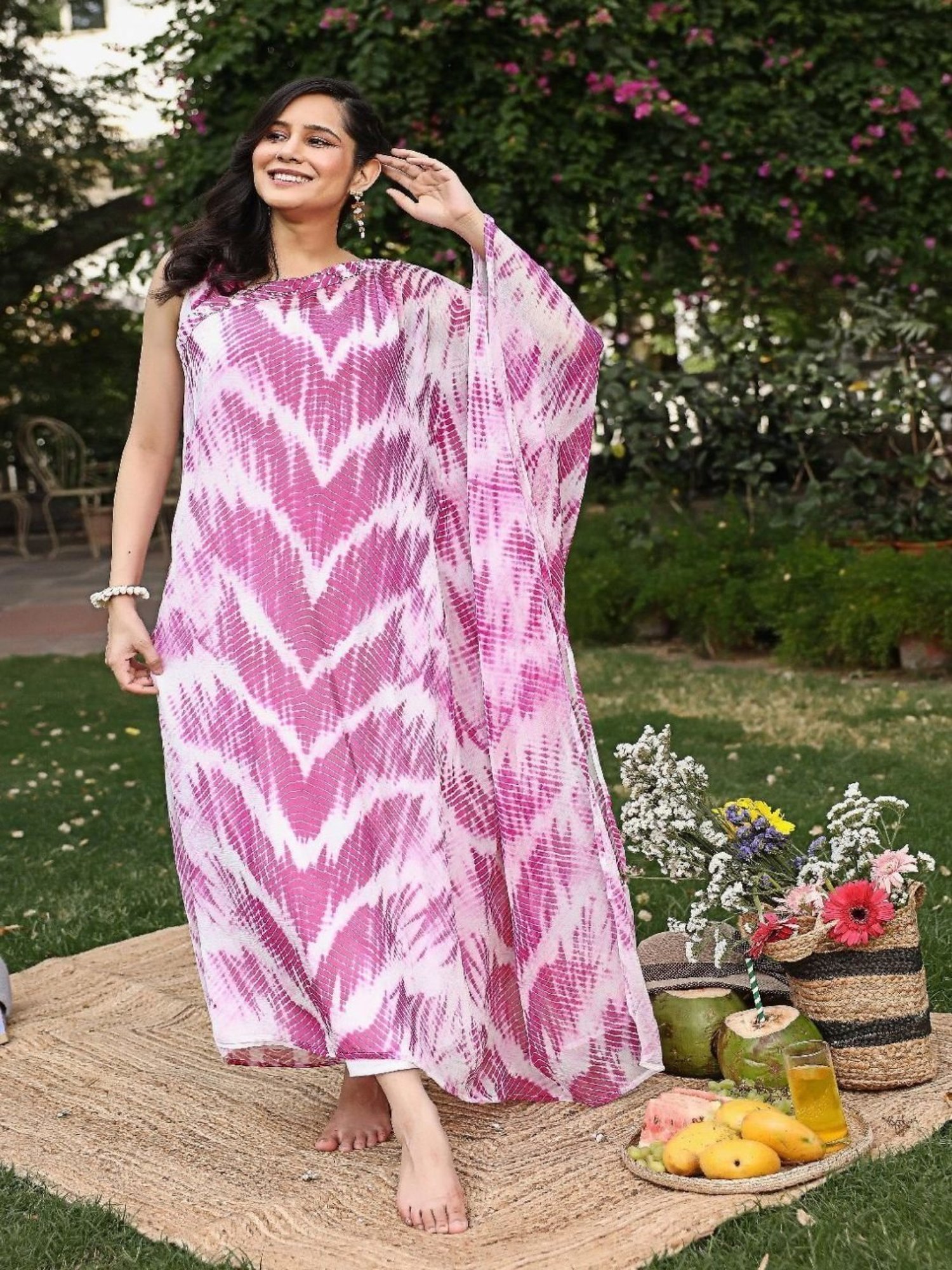 Thread and Button Spring Pink One Sided Kaftan with Camisole