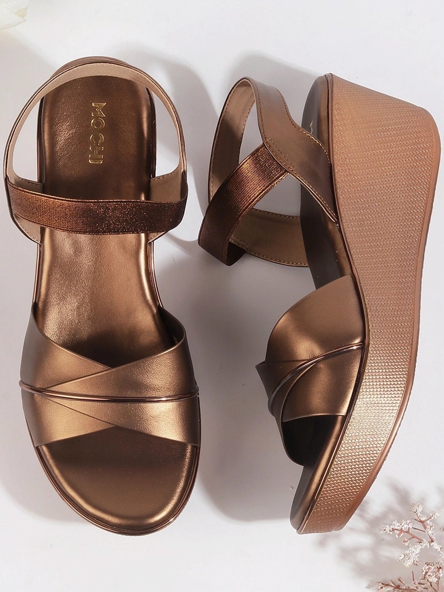 Buy Mochi Women's Antique Gold Ankle Strap Wedges for Women at