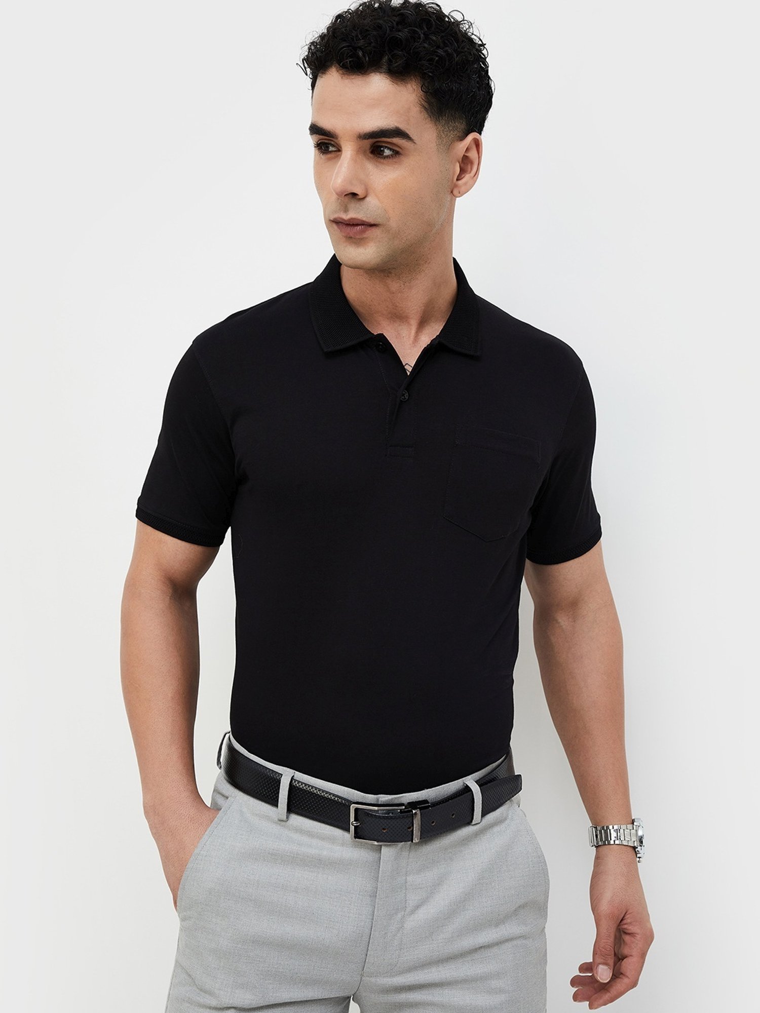 Code By Lifestyle Black Regular Fit Polo T-Shirt